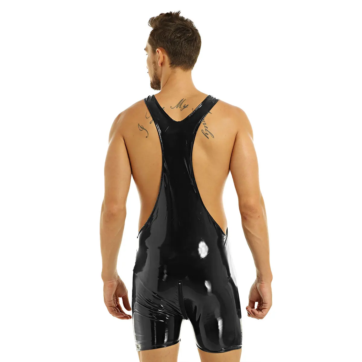 MSemis мужские стринги боди трико цельный Wetlook костюм без рукавов лакированная кожа