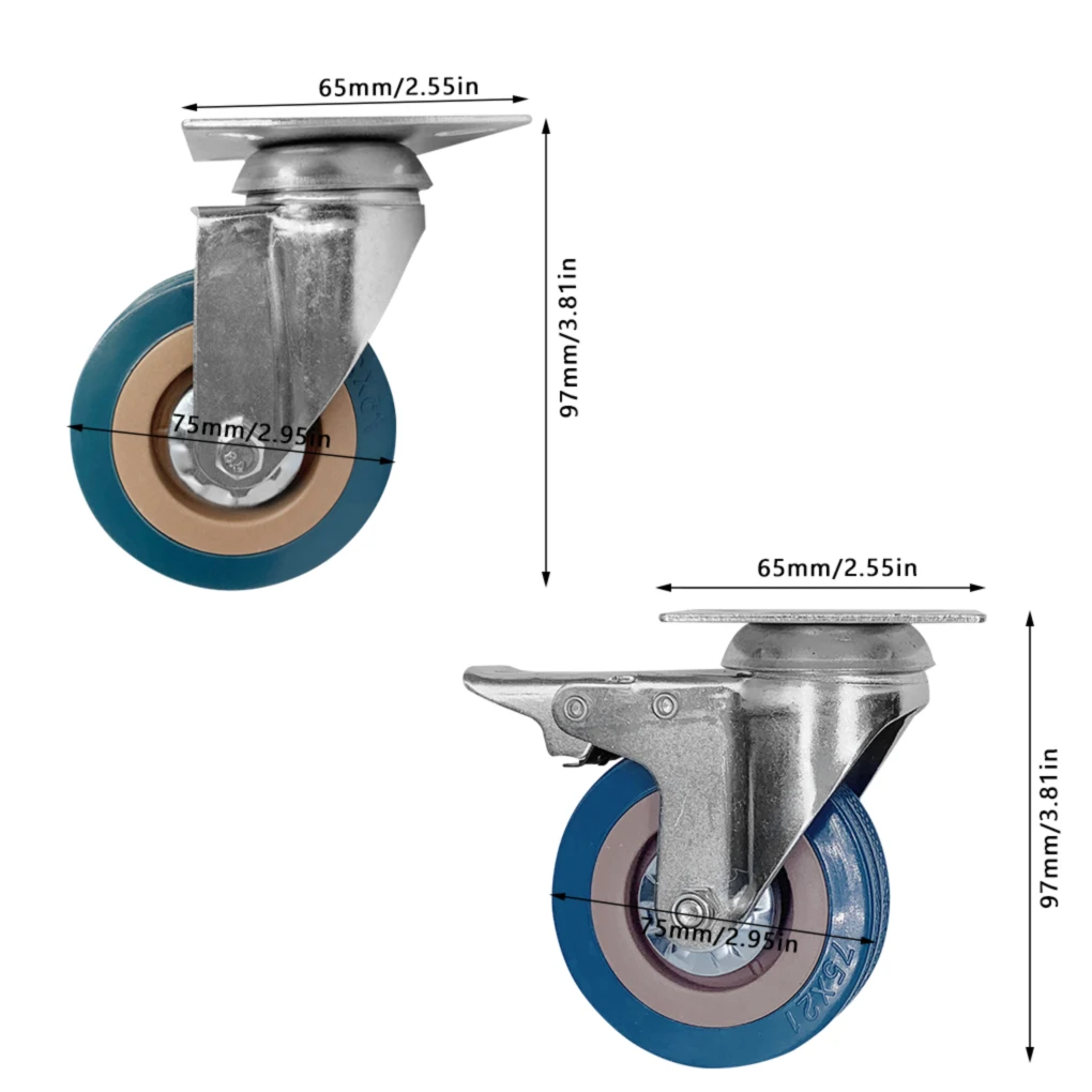

4PCS 3 inch Trolley Casters Heavy Duty Swivel Soft Rubber Roller Wheels with Brake for Platform Furniture Wheels