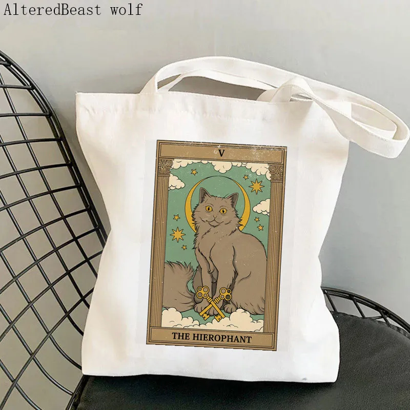 

Women Shopper bag The Hierophant cat Tarot Printed Bag Harajuku Shopping Canvas Shopper Bag girl handbag Tote Shoulder Lady Bag