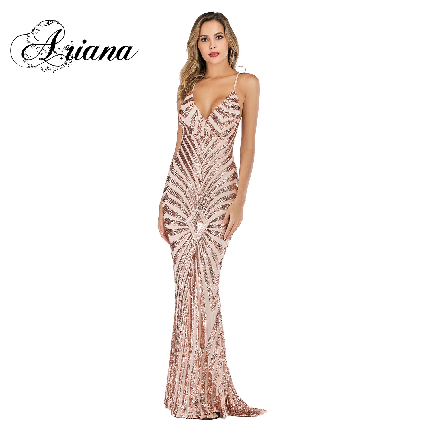 

Платье женское длинное с блестками и открытой спиной, на тонких бретельках