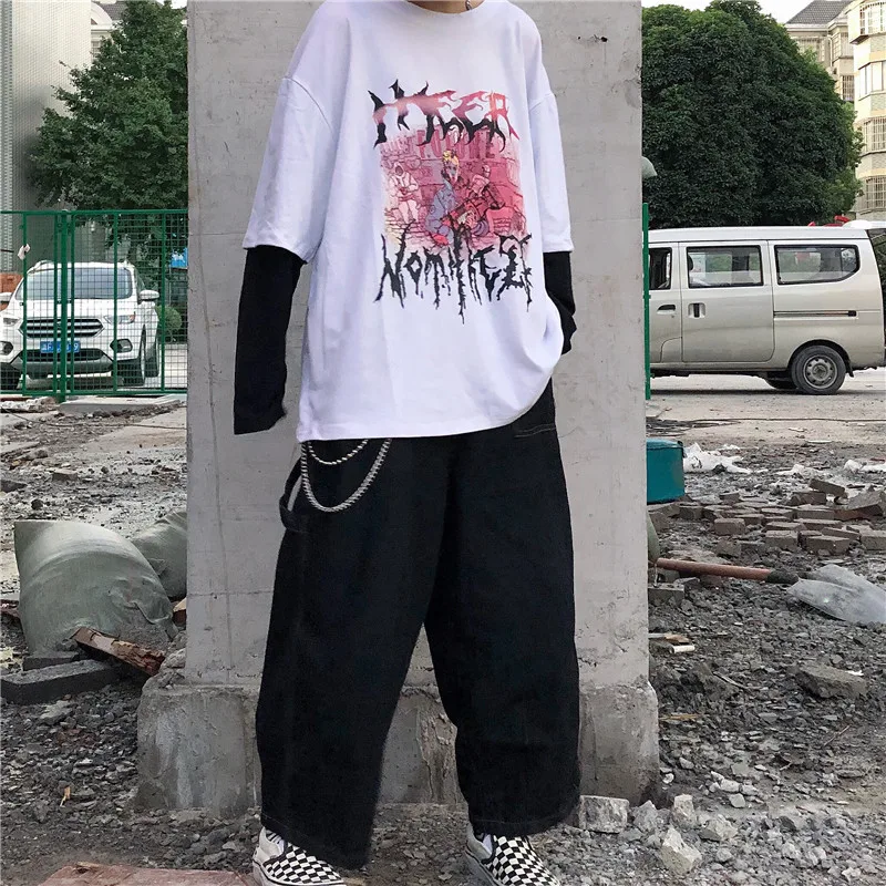 Lychee Harajuku/женская футболка с принтом персонажей из мультфильма, топ, футболка, поддельные Женские футболки из 2 частей, топы, футболки, лоскутные женские футболки с круглым вырезом