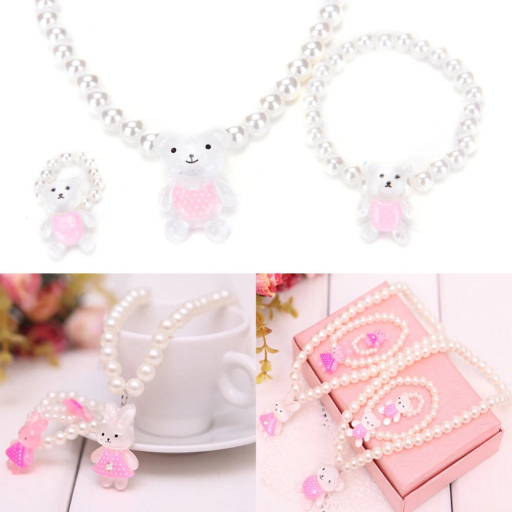 Белый искусственный жемчуг бусы Медвежонок Rabit ожерелье кольцо браслеты для