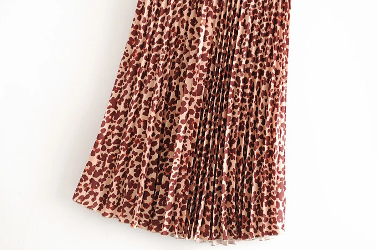 

Summer Women Skirt Chic Fashion Leopard Print Pleated Midi Vintage High Elastic Waist Animal Pattern Female Skirts Mujer