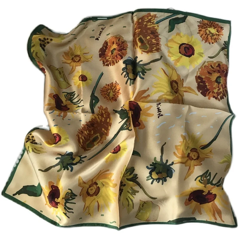 

Французский модный 100% шелк тутового шелкопряда с украшением подсолнуха винтажный шелковый платок шарф повязка для волос