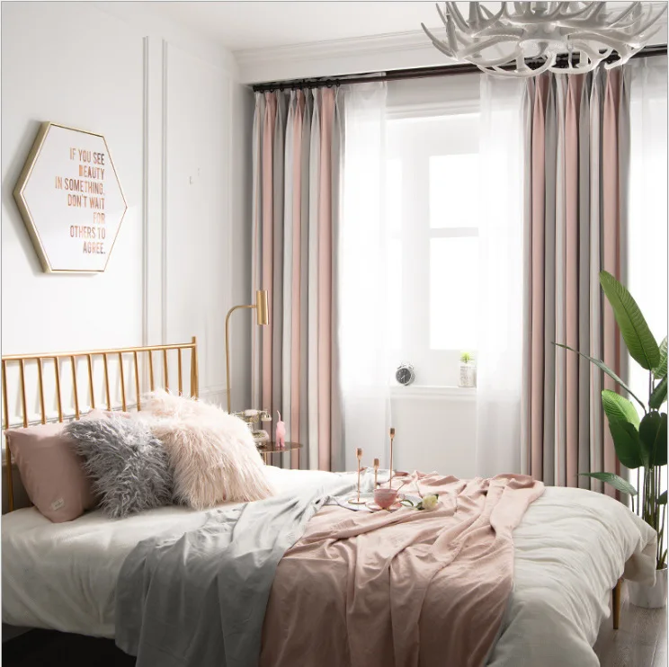 

Northern Europe Simple Modern Pink Stripes Girl Shading Curtains for Living Dining Room Bedroom.