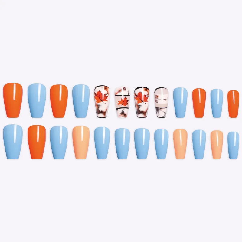 

24pcs Maples leaf Printed Nail Patch Glue Type Removable Long Paragraph Fashion Manicure Save Time False Nail Patch TO