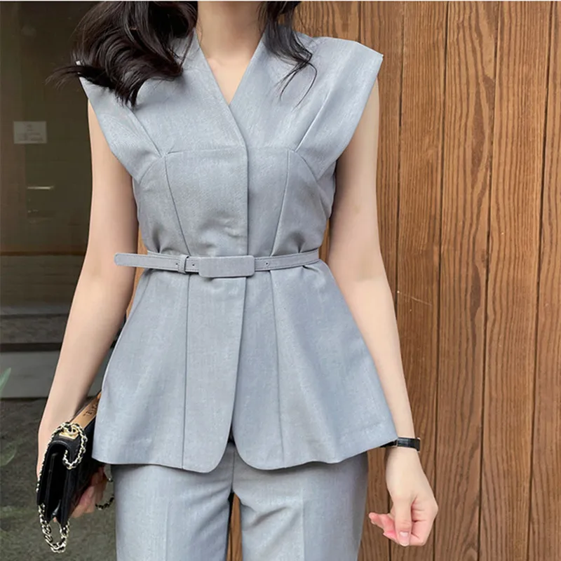 

Summer Fashionable Clothes For Women's Temperament OL Two Piece Set Sashes Vest Top&Pants Female Business Office Trousers Suit