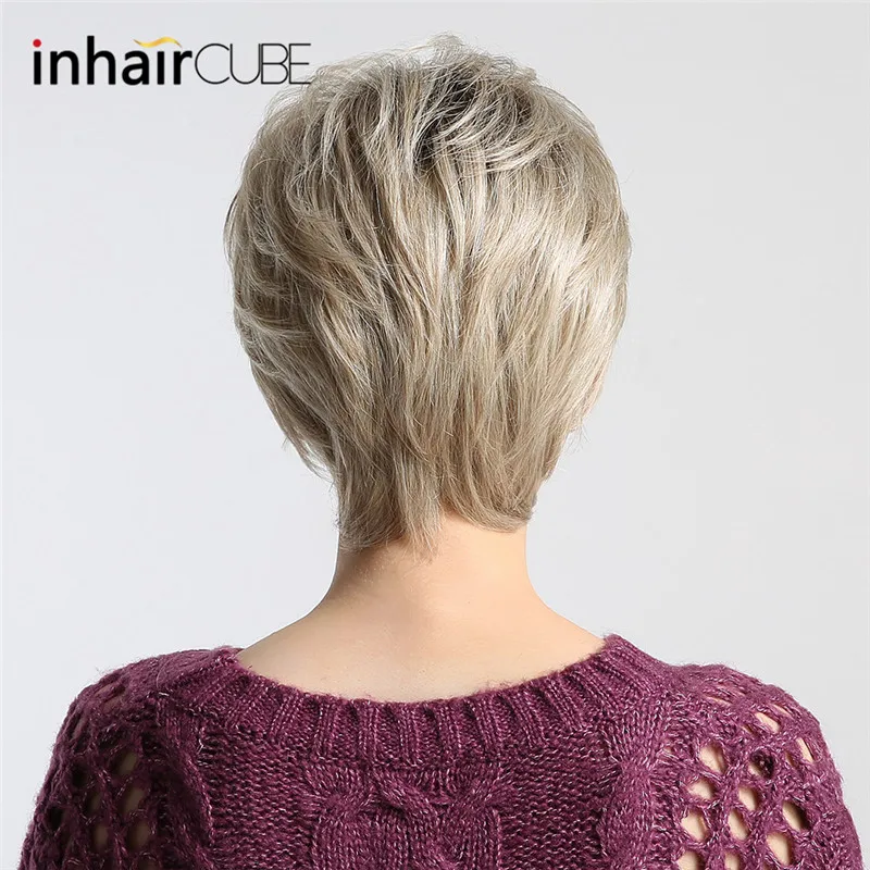 INHAIR кубик синтетический парик короткие прямые волосы пушистые Косплей смешанный цвет серый парики для женщин - Цвет: wm3043-R4-1001s