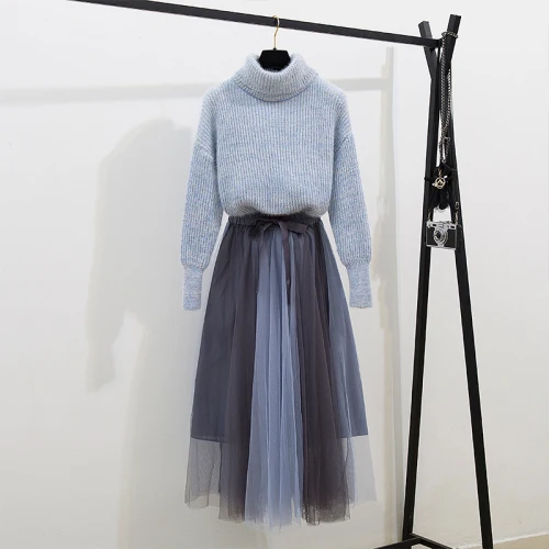 Осень зима 2020 женский свитер с высоким воротником + сетчатая юбка бантом