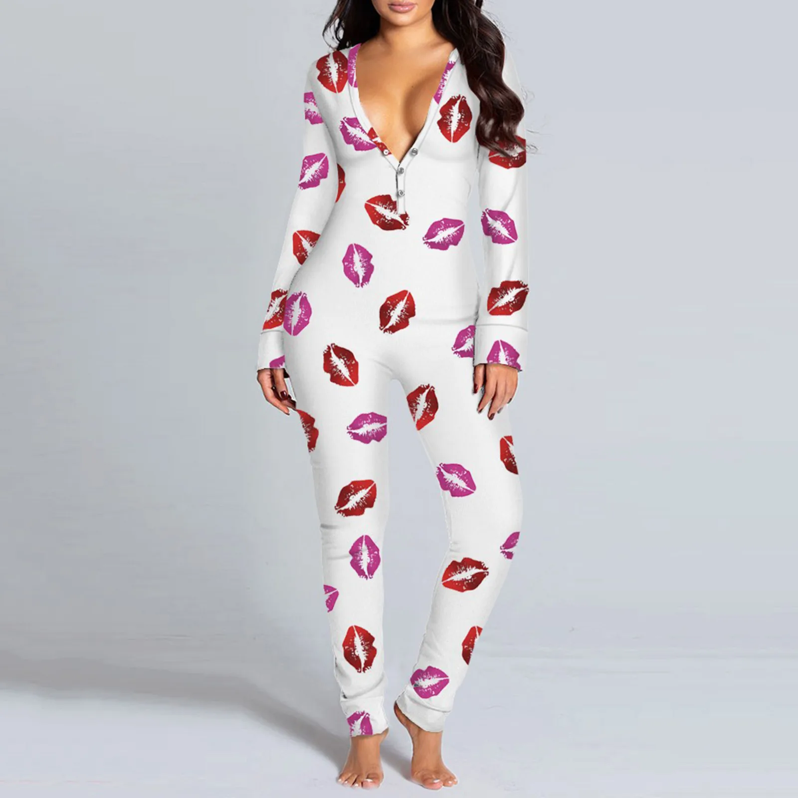 

Sexy Women Lip Print Jumpsuit Functional Buttoned Flap Adults Pajamas Long Sleeve Button-down Playsuit Hollow Out Rompers Pajama