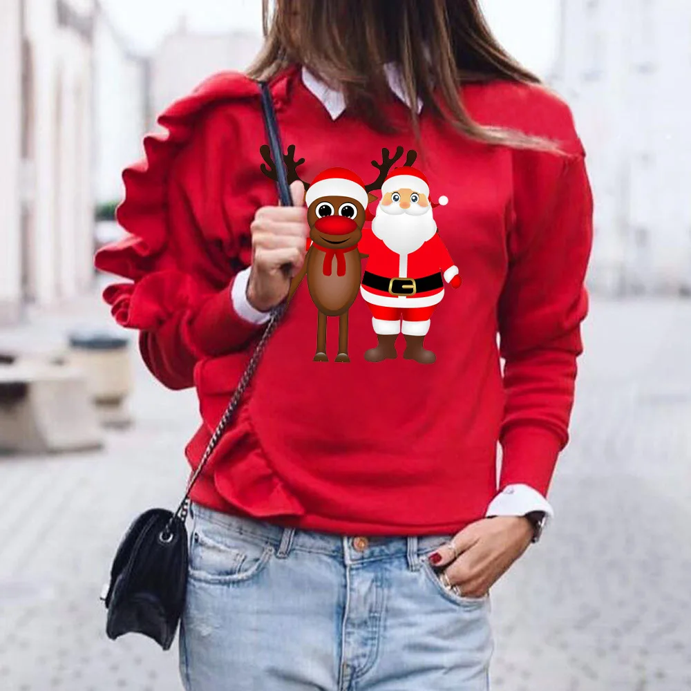 

Women's New Santa Claus Printed Sweater Solid Color Round Neck Ruffle Stitching Thickened
