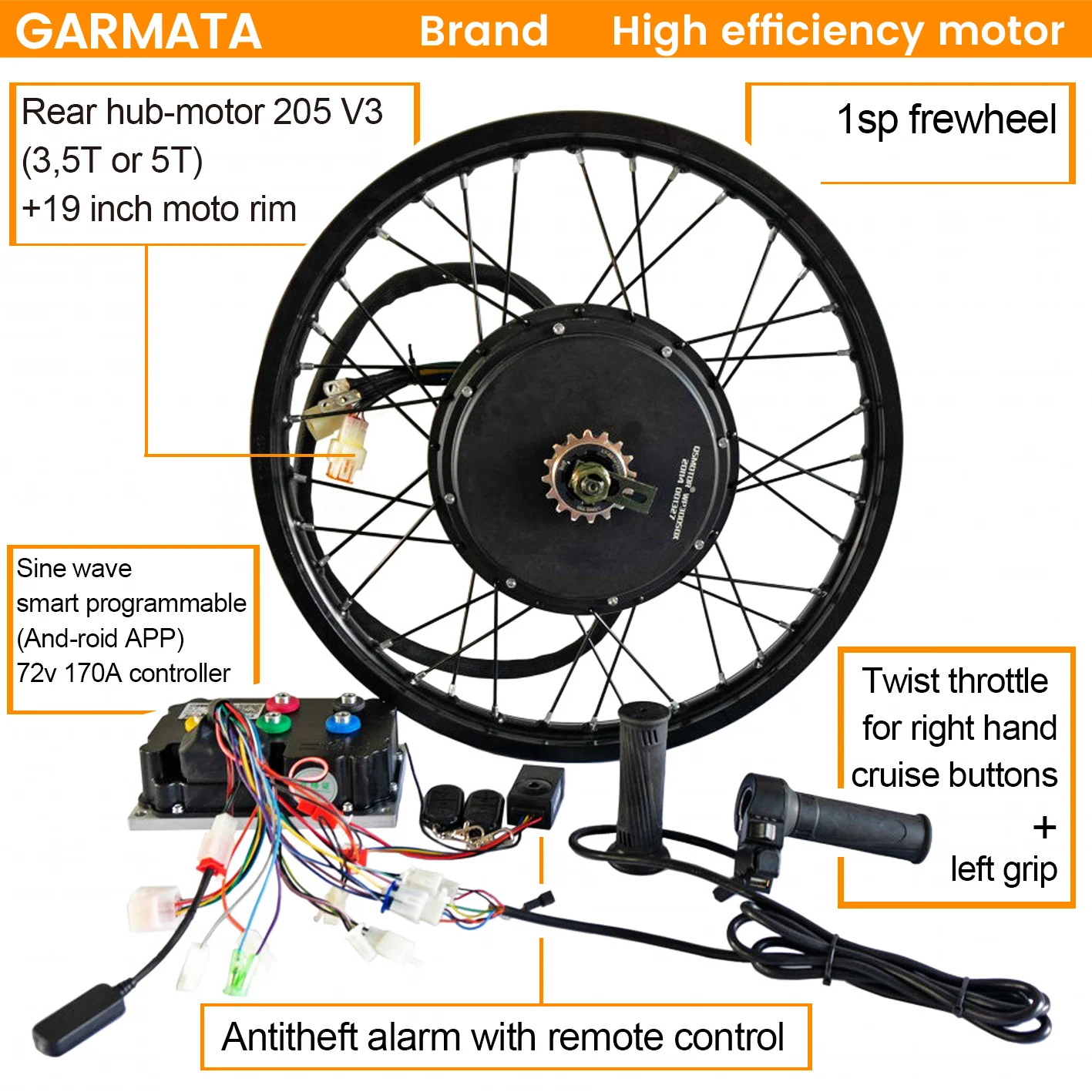 

E-bike Diy Kit 5T 3.5T 12000w QS Motor Brushless+19 inch moto rim +Controller +Twist throttle+grip+Antitheft alarm+freewheel