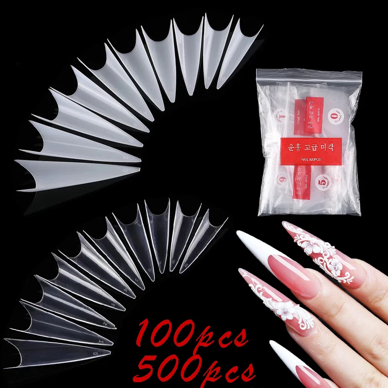 

100/500Pcs Fake Nail Tips Natural/Clear Half Cover Curved Stiletto Long Coffin False Nail Molds Acrylic Nail Extension Forms