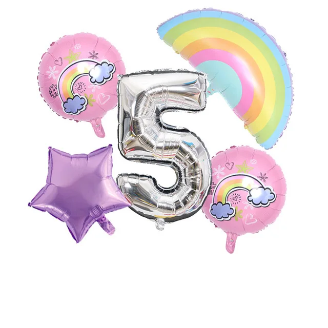 

Розовые украшения на день рождения для девочек, Радужные облака, большие цифры, Детские праздничные шары с мультяшным принтом и пятью звезд...