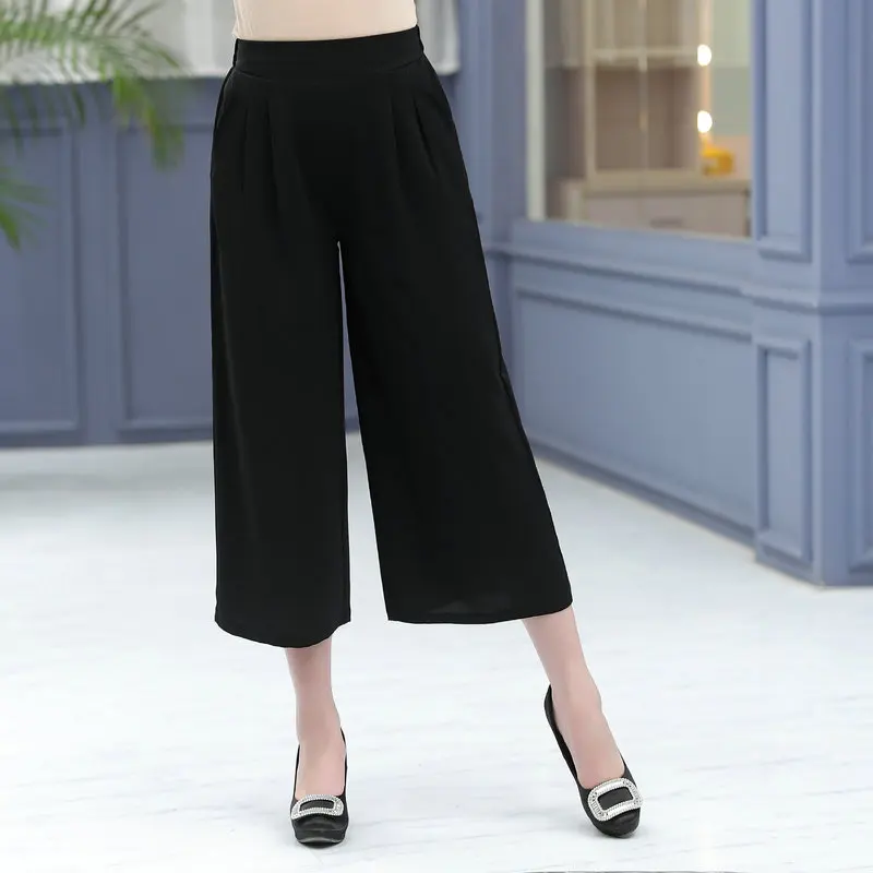 

Summer Middle Aged Women Black Silk Cropped Pant Cozy Casual High Elastic Waist Loose Fitting Trouser Plus Size Bottoms 4XL 3XL