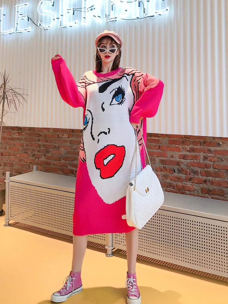 Vefadisa Spring Fashion Character Print Sweater Dress Women 2022 Long Sleeve Pullover Female Knitted QYF6221 | Женская одежда