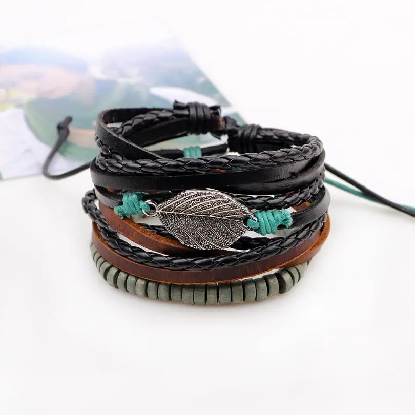 3 шт./компл. черные кожаные булочки Мужская мода панк-Веревка Плетеный лист