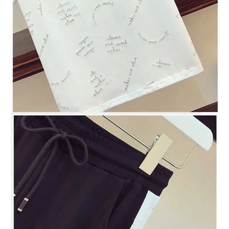 

Casual Hollow Out Letter Print Tracksuit Two Piece Sets Women Plus Size 6XL Fashion Short Sleeve Short Tops + Pants Jogger Suit