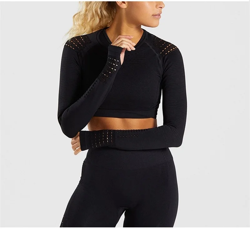 shirt-black 2 шт., женские спортивный костюм, бесшовный комплект для йоги, спортивный комплект, пуш-ап бесшовные леггинсы, укороченные топы с длинными рукавами, одежда для фитнеса - Цвет: shirt-black