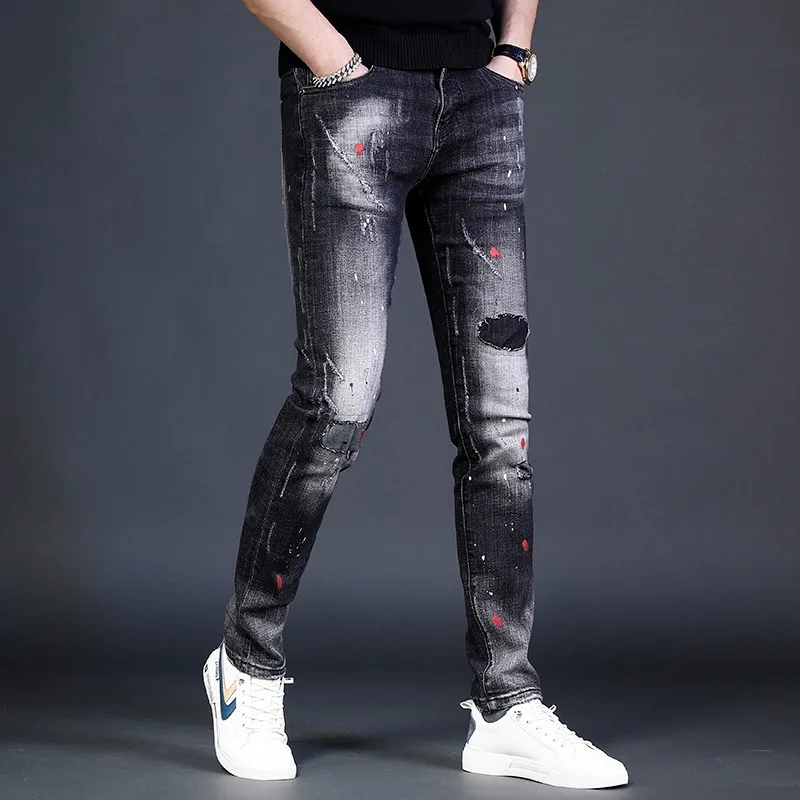 2022 Summer Black Ripped Patch Jeans Men Streetwear Dots Printed Pencil Pants Fashion Casual Slim Fit Denim Trousers