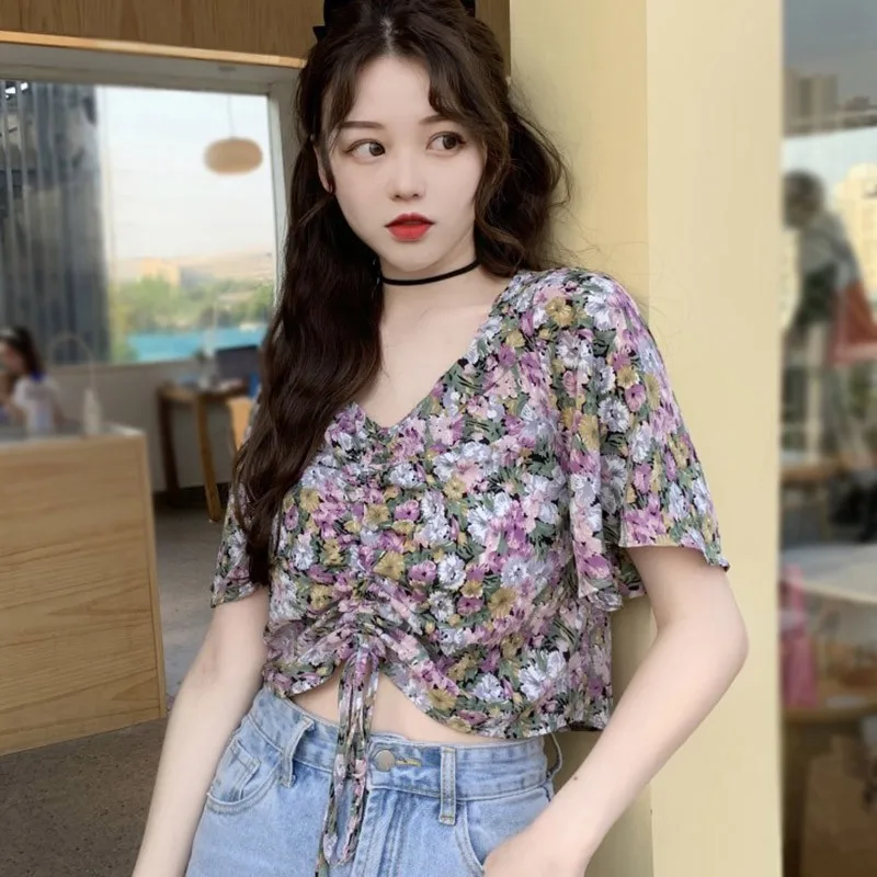 Летняя Пляжная стильная Цветочная модная Милая блуза с коротким рукавом и v