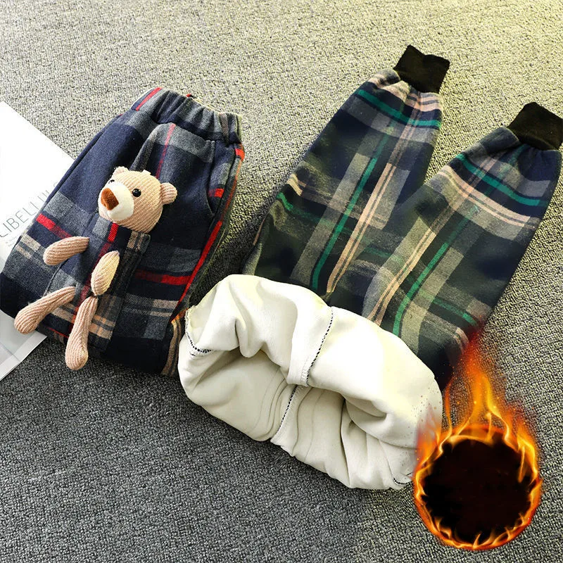 

Spring Thick Children Casual Pants Kids Fashion Cartoon Plaid Striped Trousers Girls Warm Plus Velvet Sweatpants Teenage Clothes