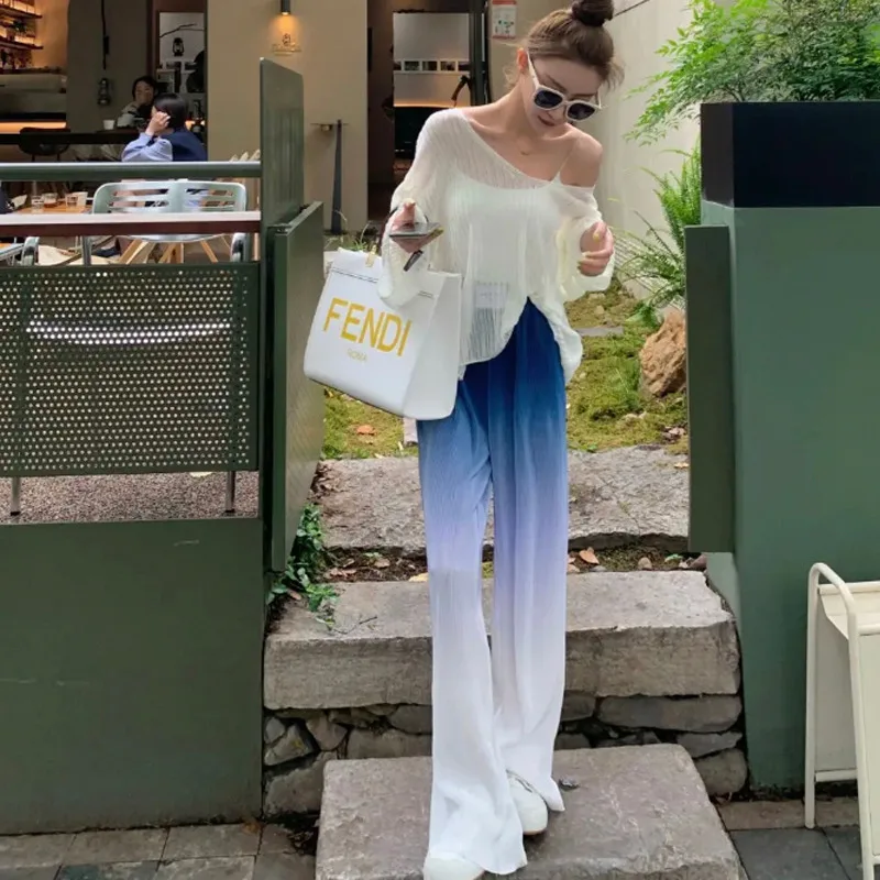 

Limiguyue Summer Wide Leg Women Sweatpants Ladies Fashion Baggy Blue Gradient Pants Loose Elastic Waist Pants Sportswear K1545