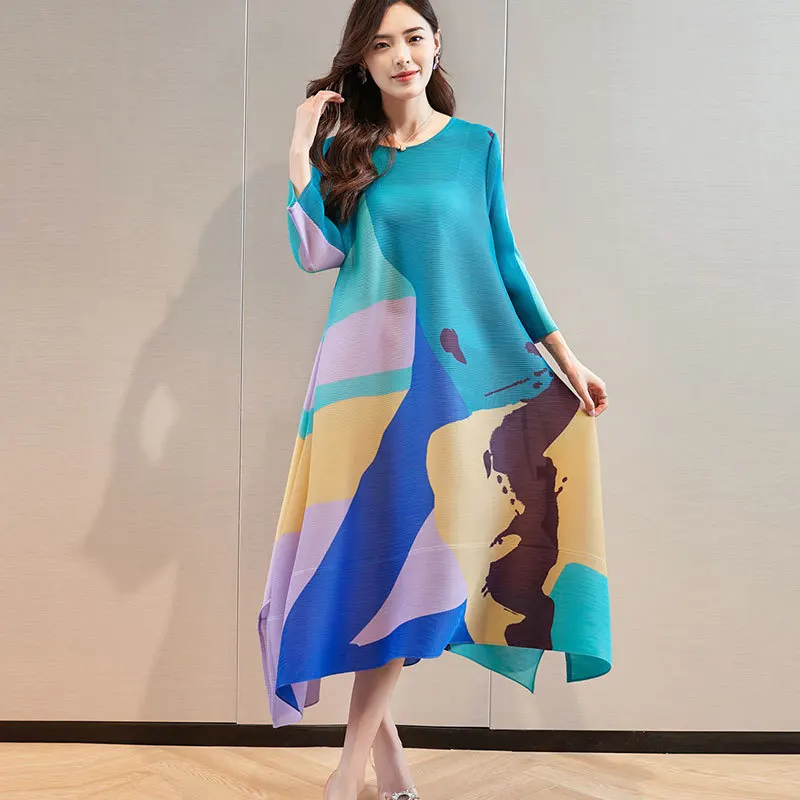 

Changpleat 2021 Autumn New Miyak Pleated dresses for women Fashion Printed O-neck 3/4 Sleeve loose Large -line Dress Tide