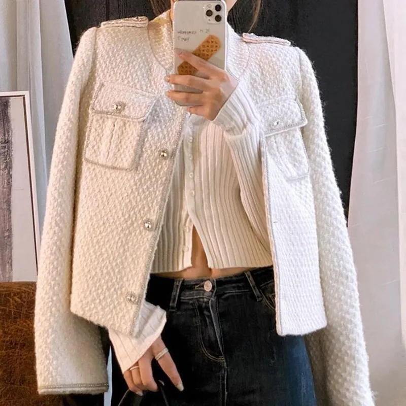 

2021 High Quality Korean White Tweed Jacket Women Spring Autumn Single Breasted Slim Woolen Coat Female Cropped Coats s951