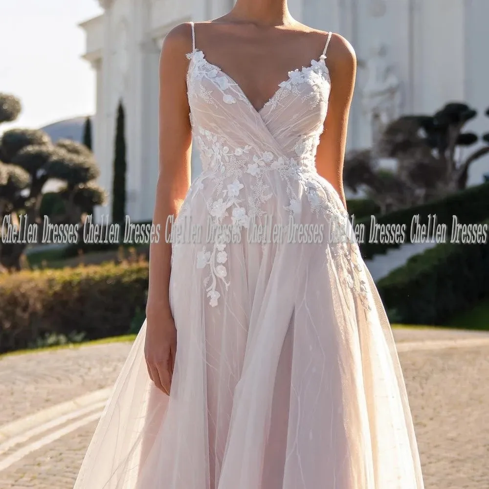 

2021 New Elegant Sexy Spaghetti Straps V Neck Custom Made Lace Appliqued Backless Tulle A Line Boho Wedding Dress Robe De Mariag