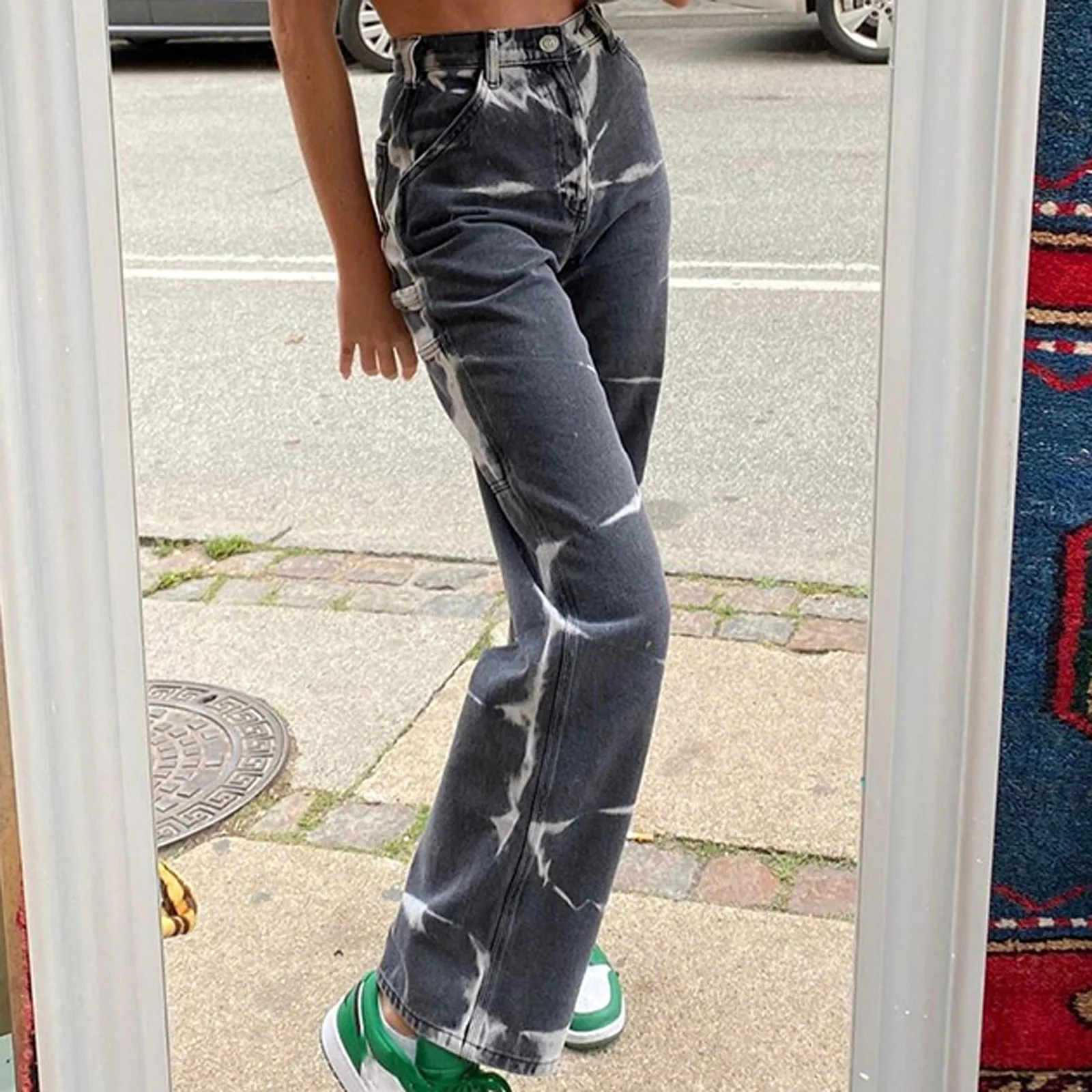 

JAYCOSIN New Jeans Women's High Waist Loose Pocket Zipper Straight Pants Tie-Dye Pants Mom Jeans Washed Boyfriend Jeans