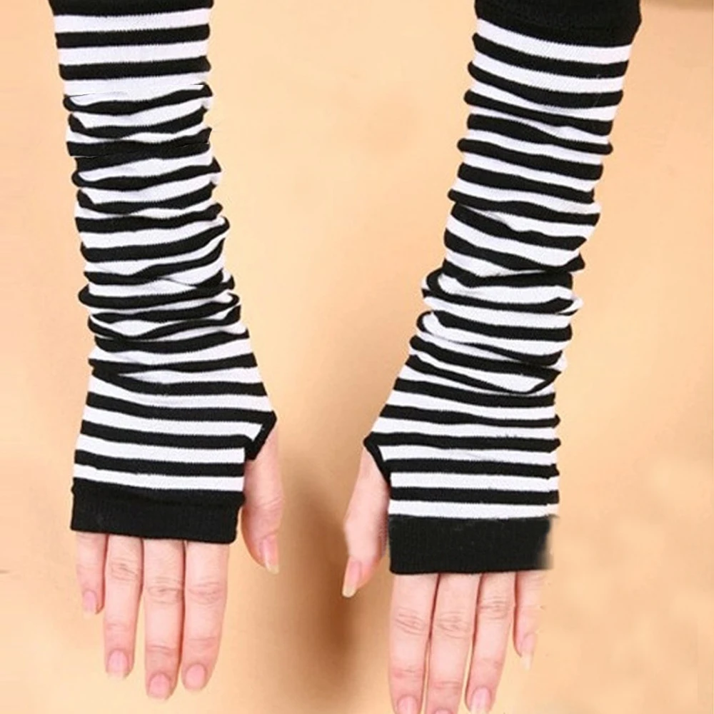 

Womens Long Winter Fingerless Gloves Cover Black White Striped Cotton Wrist Cover Arm Ladies Gloves Sleeve Mens Knitted Gloves