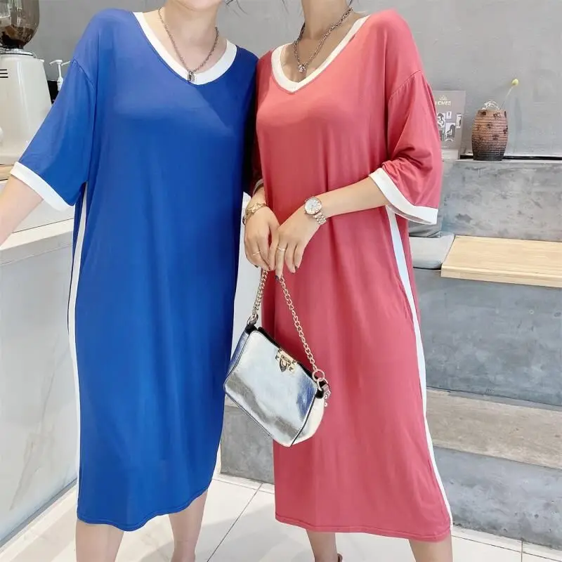 2021 Summer New Modal Nightdress Women's Loose Large V-neck Medium Sleeve Long Dress Solid Color Home Clothes Can Be Worn Out