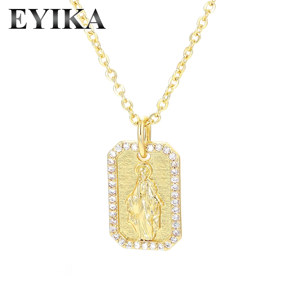 EYIKA, ретро квадратная бирка, Дева Мария, Маленькая подвеска, ожерелье для женщин, золотой цвет, Женская религиозная бижутерия, подарок