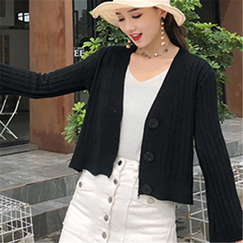 2019 новый свитер куртка кардиган женский укороченный длинный рукав Трикотажный