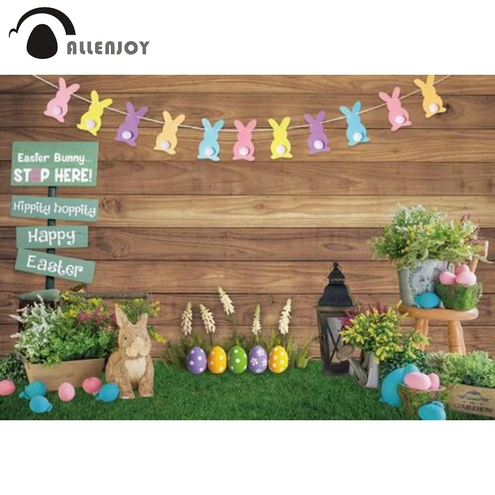 

Allenjoy Spring Happy Easter Backdrop Wooden Wall Bunny Doll Eggs Grass Party Decor Banner Photo Booth Photography Background