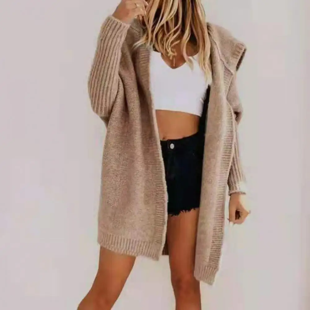 

Women Cardigan Long Sleeve Solid Color Batwing Sleeve Hooded Open Front Knitted Sweater Casual Jumpers Outerwear Autumn Winter