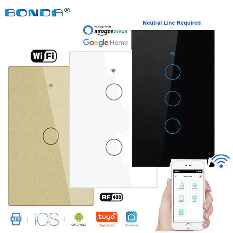 

BONDA US standard touch switch graffiti smart WiFi + RF + Alexa voice control smart wall WiFi adapter AC 110v250v remote control