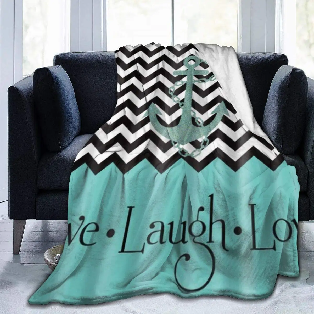 

Throw Blanket for Kids Teens Adults Warm Black and White Break Line with The Blue Anchor Live Laugh and Love Microfiber All