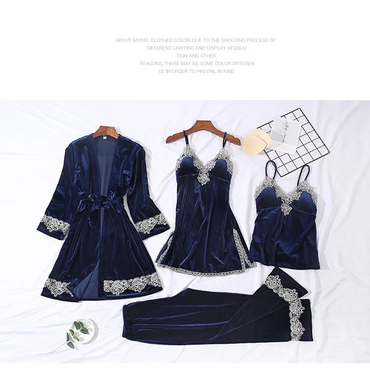 

2019 Herfst Winter Fluwelen Pyjama voor Vrouwen Pyjama Warm Nachtkleding V-hals Pijama Mujer 4 Stuk Sets Pijama Borst Pads