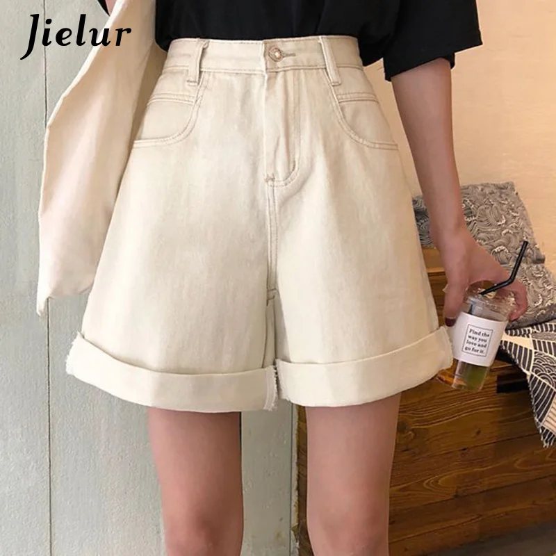 

Jielur High Waist Jeans Shorts Women Fashion Straight Hot Crimping Jeans BF Black Beigh Denim Shorts Female Summer Casual S-XL