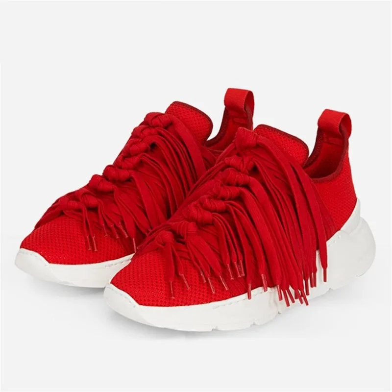 

Fashion Red Tassels Women Sneakers Breathable Mesh Knitting Shoes Woman Casual Platform Shoes Espadrilles Creepers