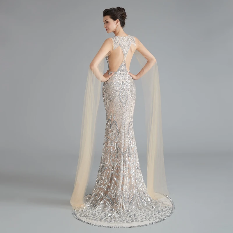 Женское вечернее платье с юбкой годе золотистое длинное прозрачное кружевное