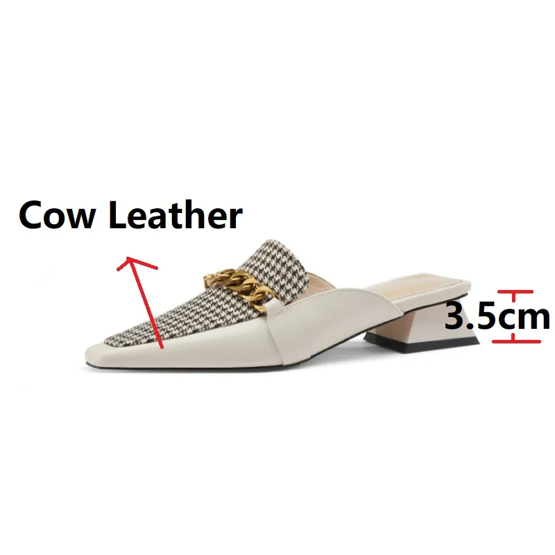 

Fashion Trendy Gold Metal Chain Mules Shoes Women Genuine Natural Leather Slip ons Loafers Woman Plaid Low Heels Slippers Beige