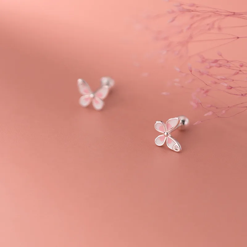 

Real Sterling Silver Pink Butterfly Stud Earrings Screw Back Bead For Women Girls Kids Fashion Jewelry High Quality