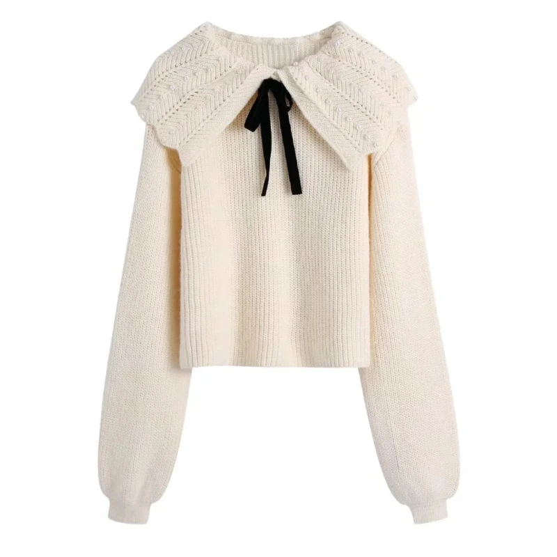 

Women Pearls Decoration Sailor Collar Short Sweater Bow Tie Female Pullover Casual Lady Loose Tops SW1567