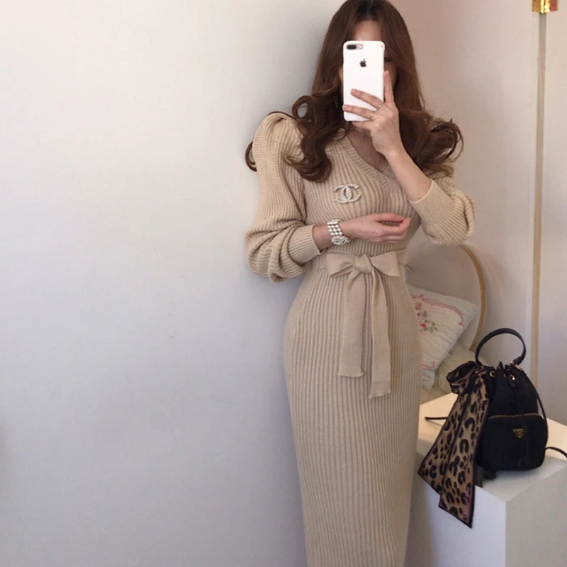 

Women Sweater Knit Dress 2021 Autumn Winter Korean Elegant Sexy Bag Hip Knitted Dress Pullover Knitted Sweater Dress Midi Dress