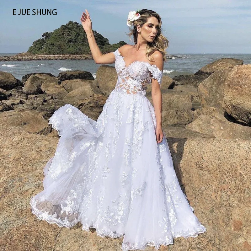 

E JUE SHUNG White Lace Appliques Luxury Beach Wedding Dresses Sweetheart Off The Shoulder Beach Boho Wedding Gowns