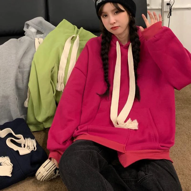 

Однотонные женские толстовки Rimocy в стиле Харадзюку, осенне-зимний Свитшот оверсайз с кулиской, Женская свободная мягкая толстовка с капюшо...