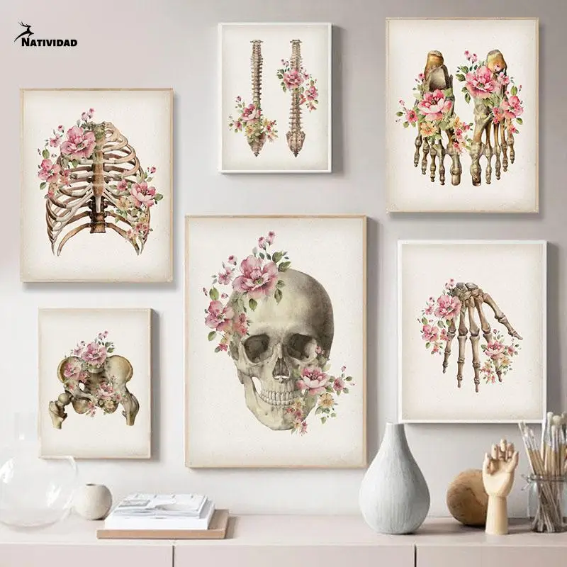 

Skeletal Anatomy Skull Spine Medical Canvas Painting Wall Art Poster Print Floral Abstract Clinic Hospital Decor Pictures
